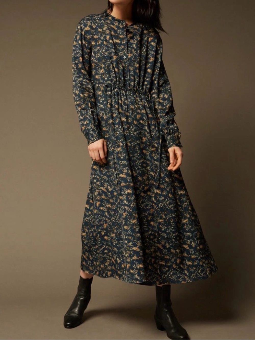 Soeur Libellule Fleurs Midi Dress Blue Canard Ruched Teal Boho Floral 38 US6 M